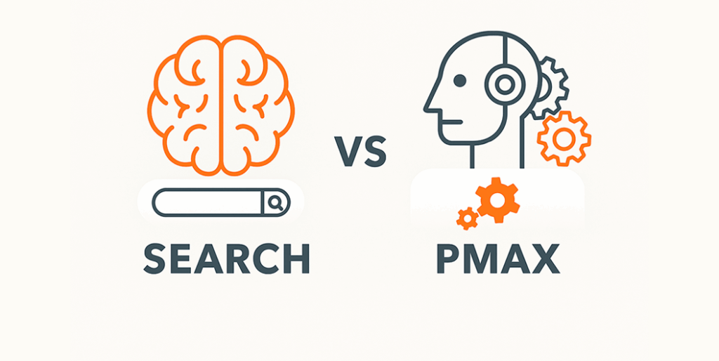 Search vs PMax Icon Graphic of a brain vs robot