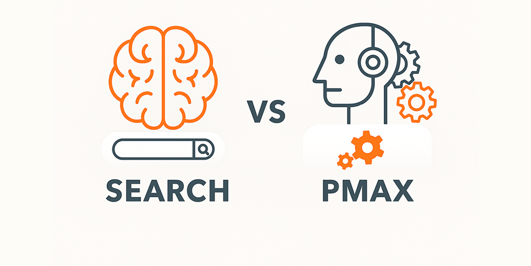 Search vs PMax Icon Graphic of a brain vs robot