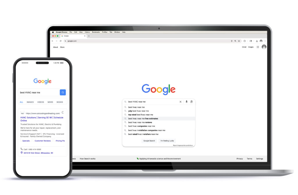 computer and mobile phone with google search screen