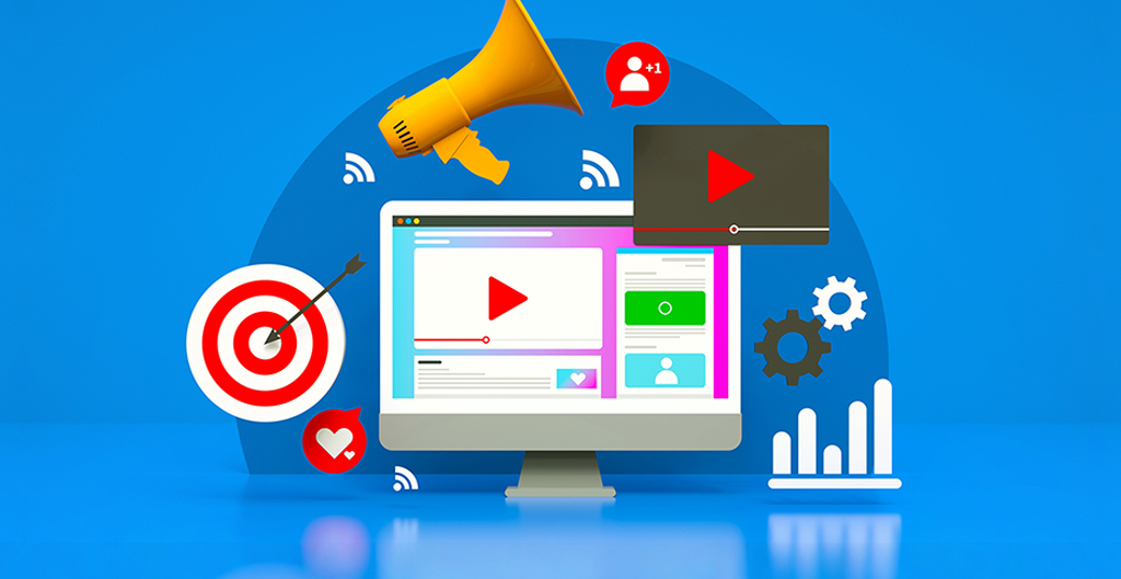 This 3D illustration represents a digital marketing strategy focused on video content, featuring a computer screen displaying video elements, media engagement icons, a megaphone, and analytics symbols.