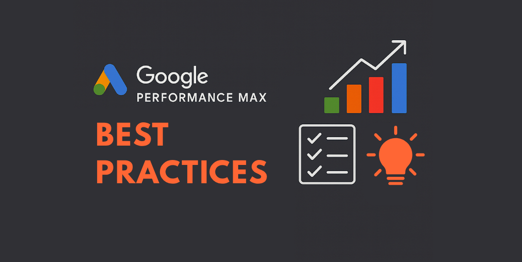 PMax Best Practices Decorative Header Image with Google Logo, Graph and lightbulb