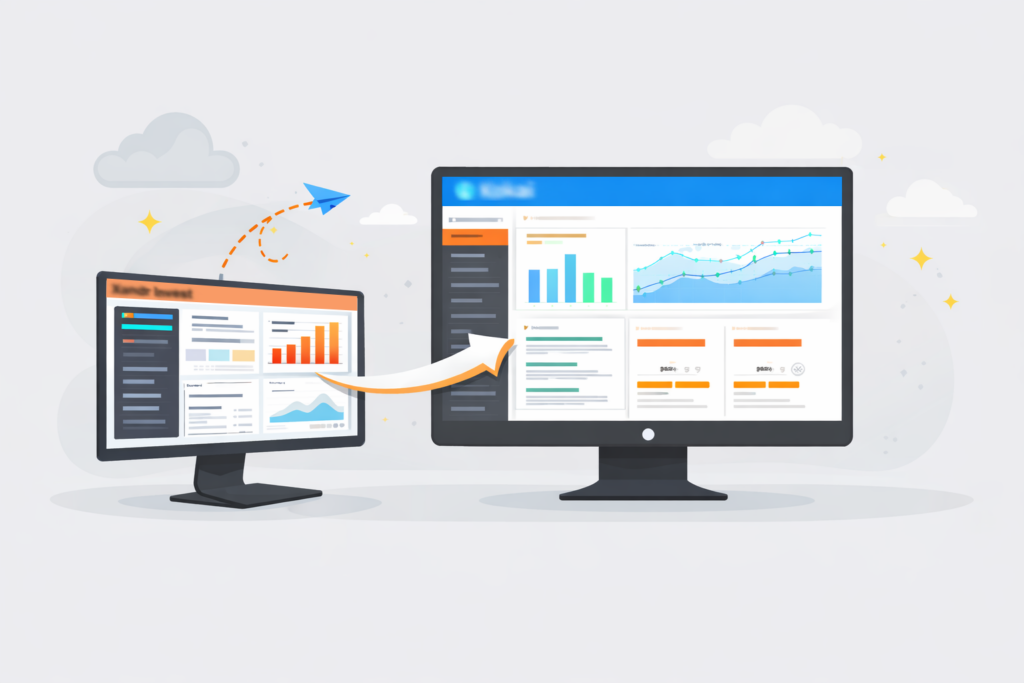 2 computer screens with reporting visuals showing the move from one software to another.