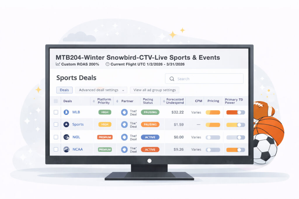 Computer screen showcasing CTV sports deals in grid format for selection in a digital campaign.