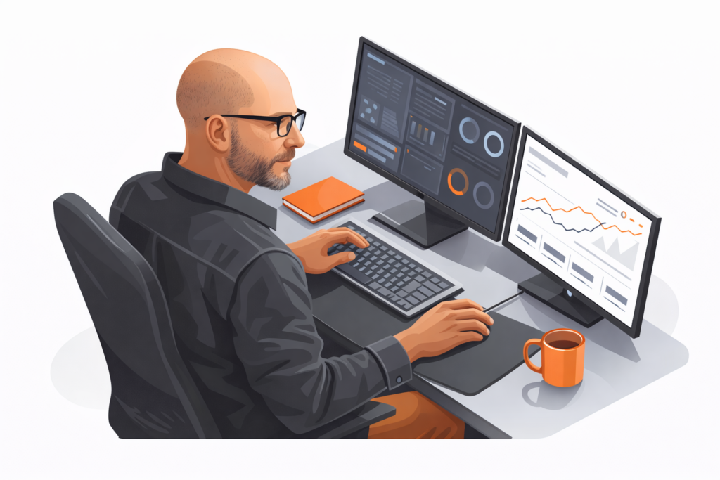 Illustration of a Media buyer working on dual computer screens evaluating campaign performance.